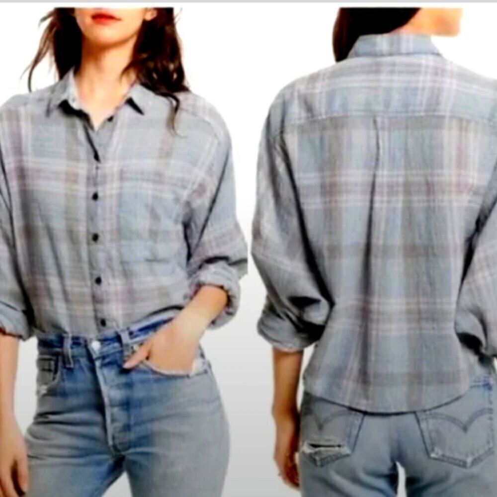 Free People Plaid Cutie Cropped Batwing Sleeve Button Shirt Top‎ L #304B